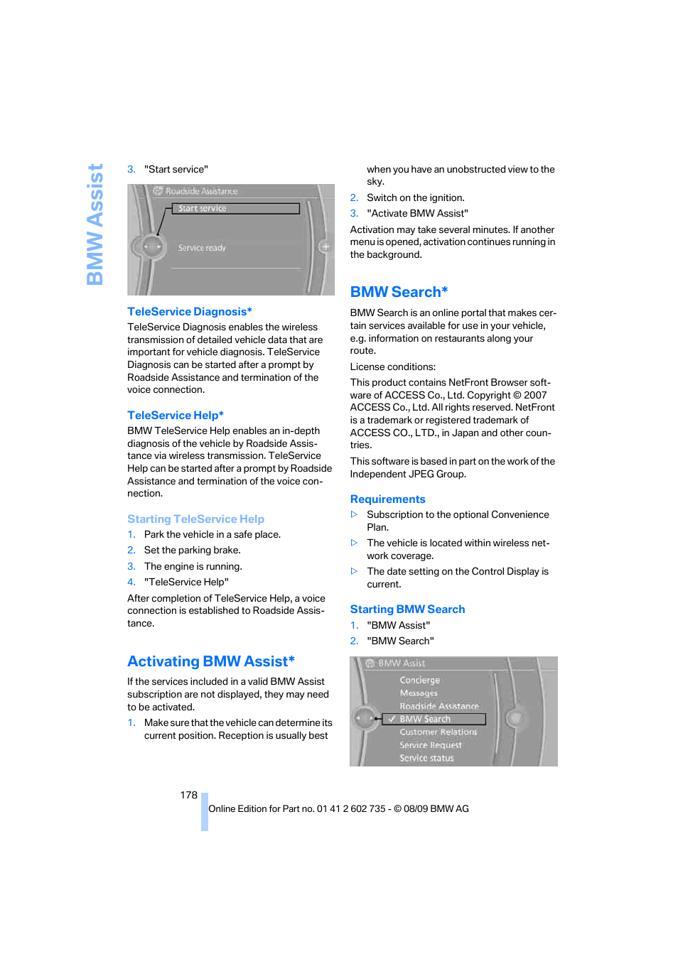 Activating bmw assist, Bmw search, Bmw assis t | BMW M6 Convertible 2010 User Manual | Page 180 / 250