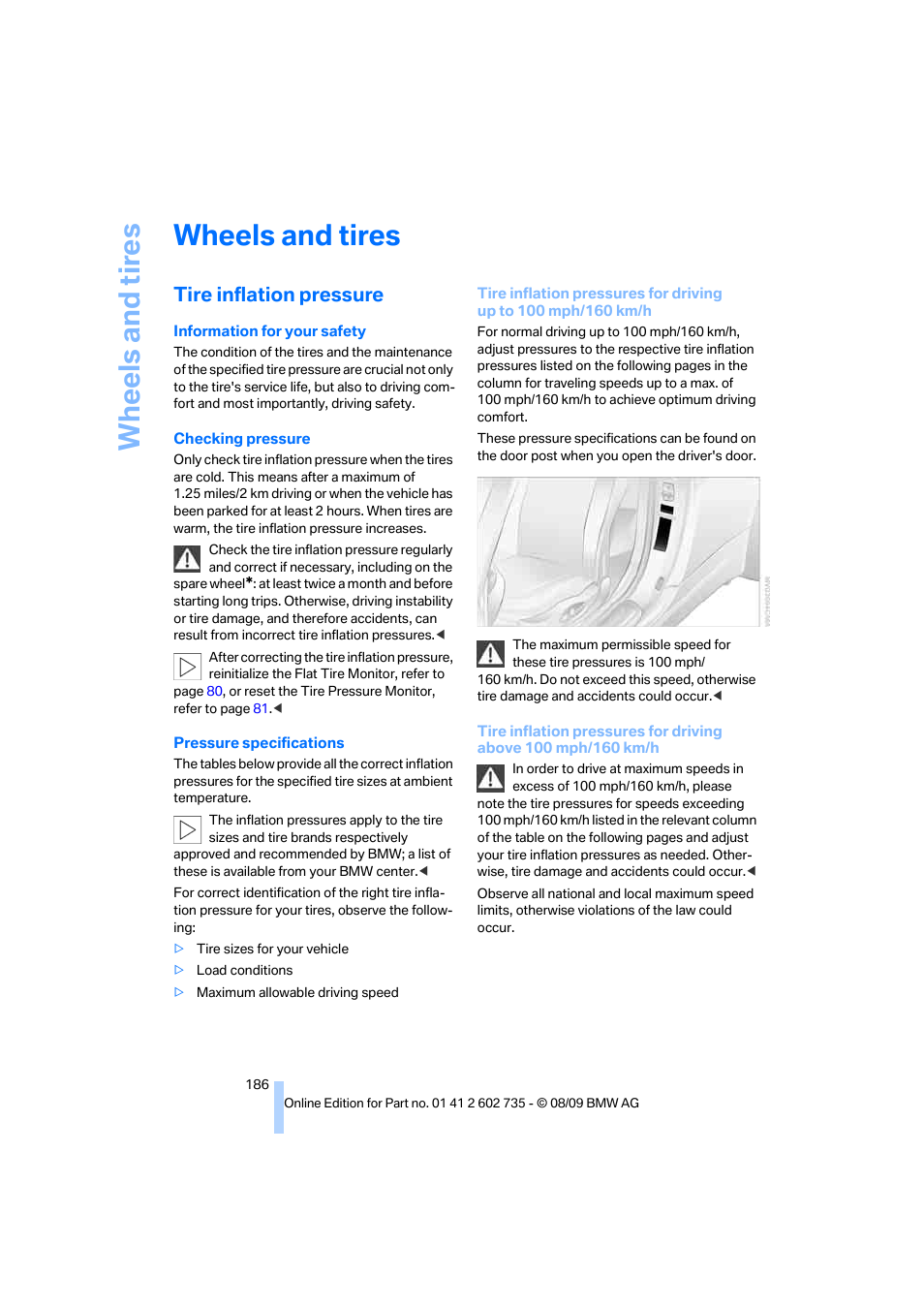 Wheels and tires, Tire inflation pressure, Wh eels and tire s | BMW M6 Convertible 2010 User Manual | Page 188 / 250