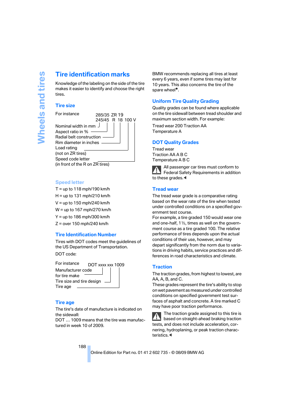 Tire identification marks, Wh eels and tire s | BMW M6 Convertible 2010 User Manual | Page 190 / 250