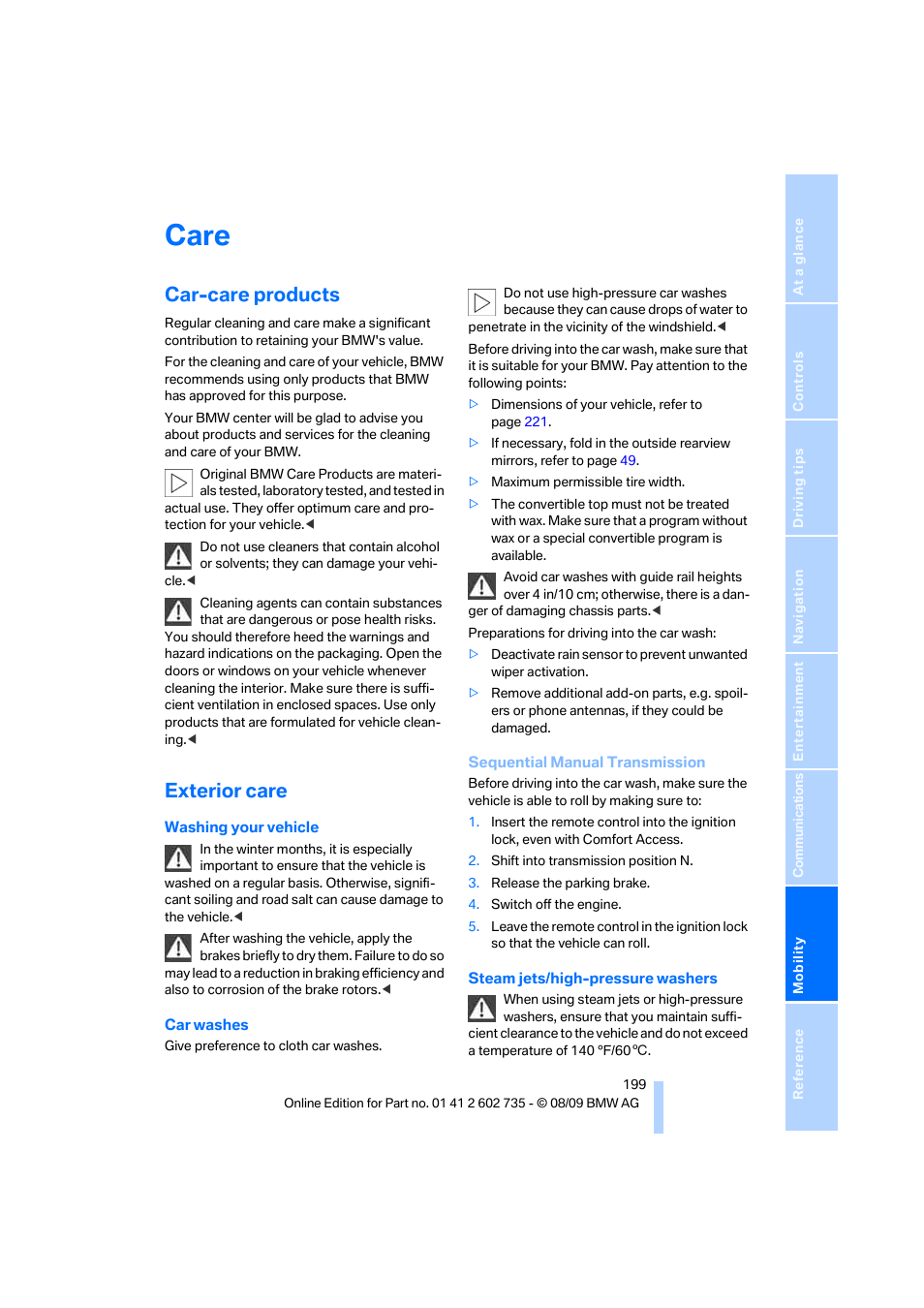 Care, Car-care products, Exterior care | BMW M6 Convertible 2010 User Manual | Page 201 / 250