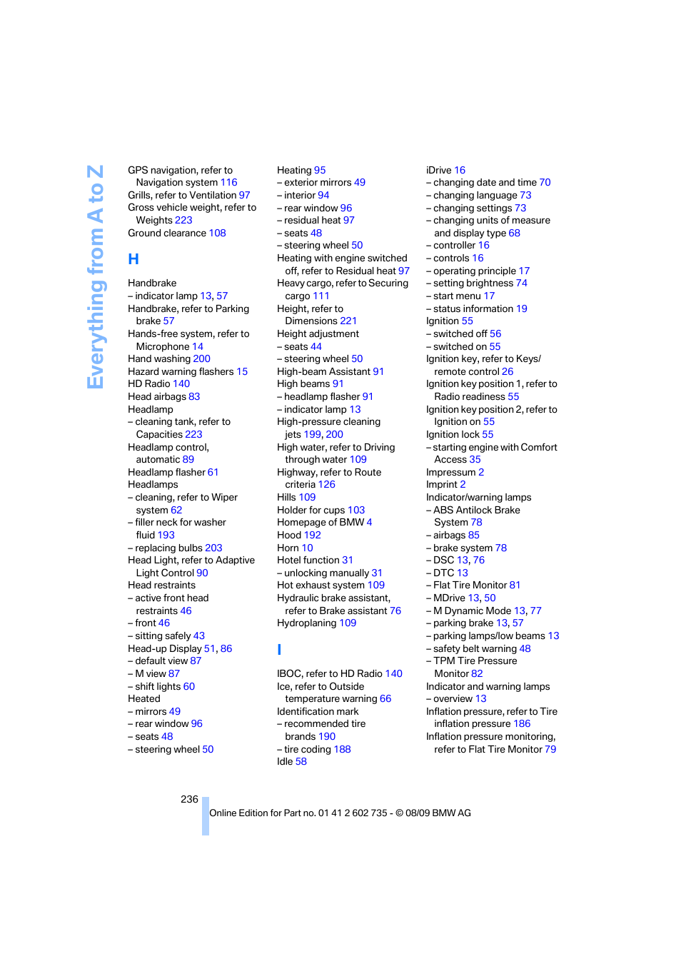 Everything from a to z | BMW M6 Convertible 2010 User Manual | Page 238 / 250