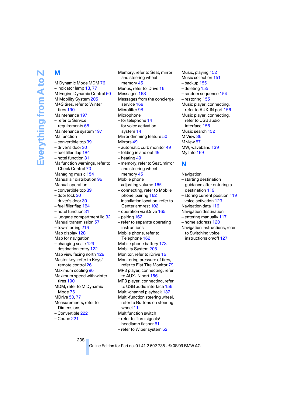 Everything from a to z | BMW M6 Convertible 2010 User Manual | Page 240 / 250