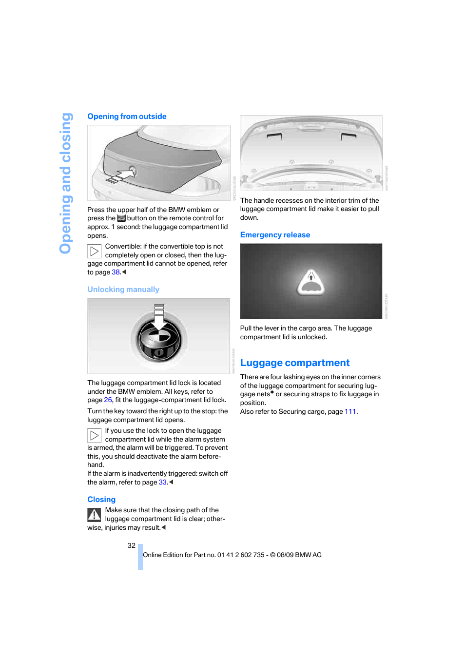 Luggage compartment, Opening and closing | BMW M6 Convertible 2010 User Manual | Page 34 / 250