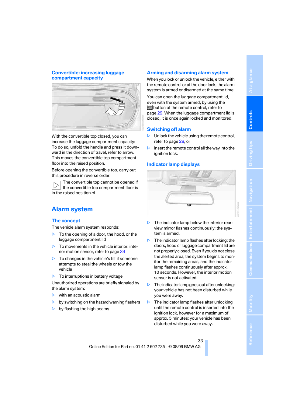 Alarm system | BMW M6 Convertible 2010 User Manual | Page 35 / 250