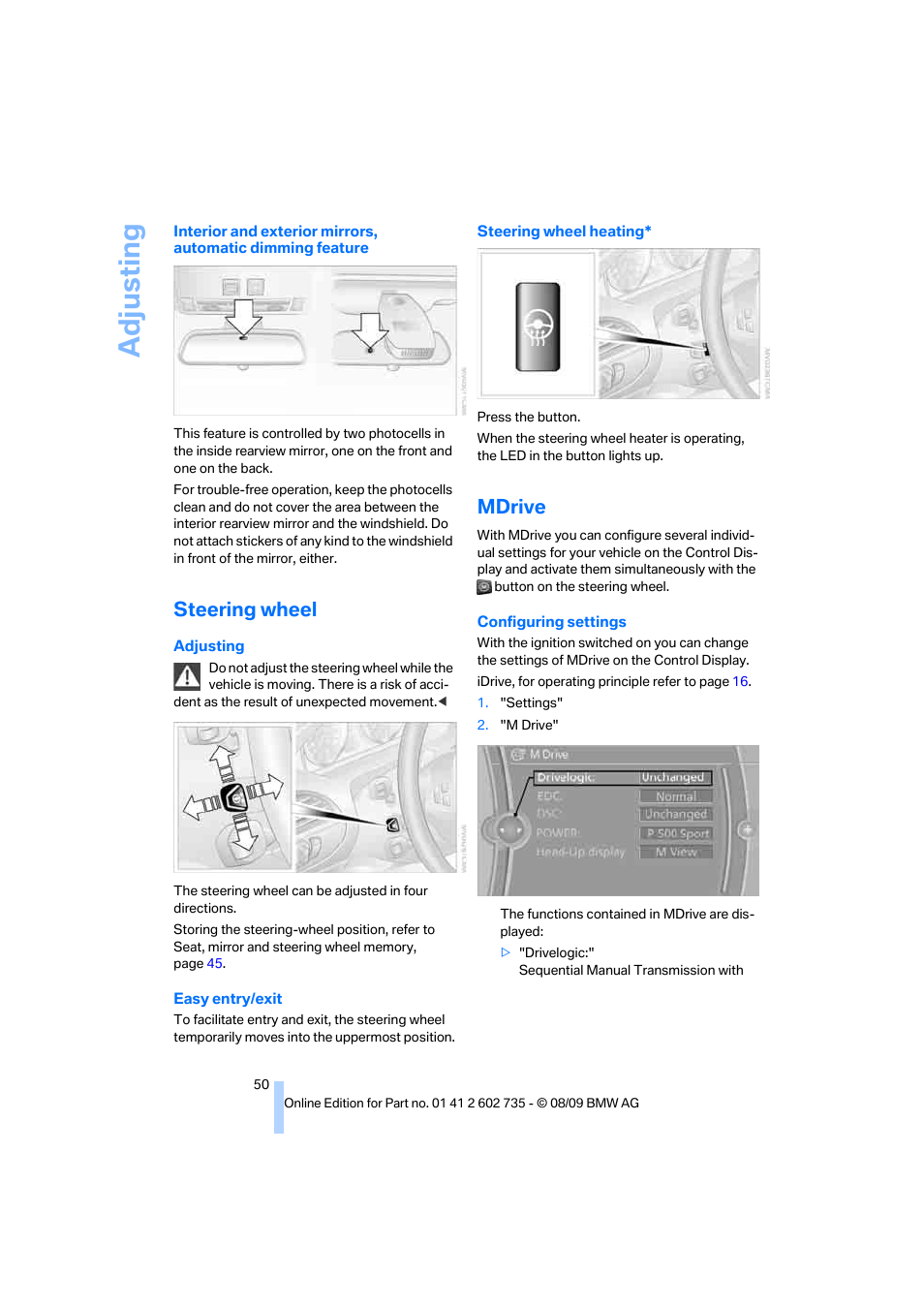 Steering wheel, Mdrive, Ment | Adju sting | BMW M6 Convertible 2010 User Manual | Page 52 / 250