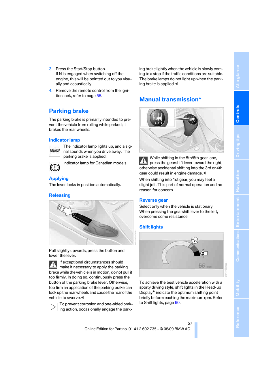 Parking brake, Manual transmission | BMW M6 Convertible 2010 User Manual | Page 59 / 250