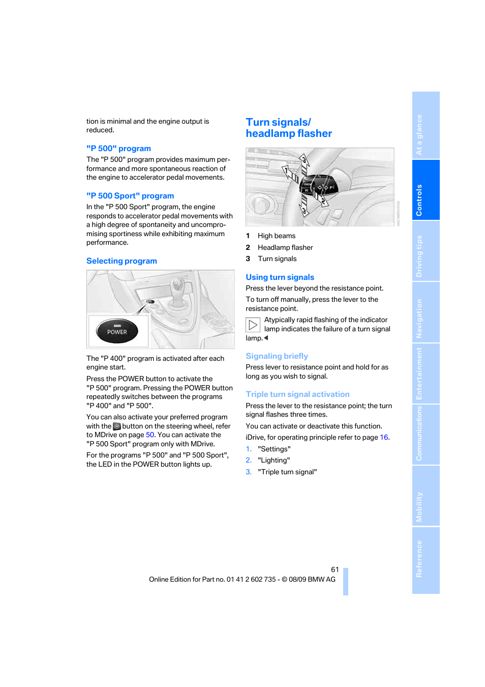 Turn signals/ headlamp flasher, Gnals | BMW M6 Convertible 2010 User Manual | Page 63 / 250