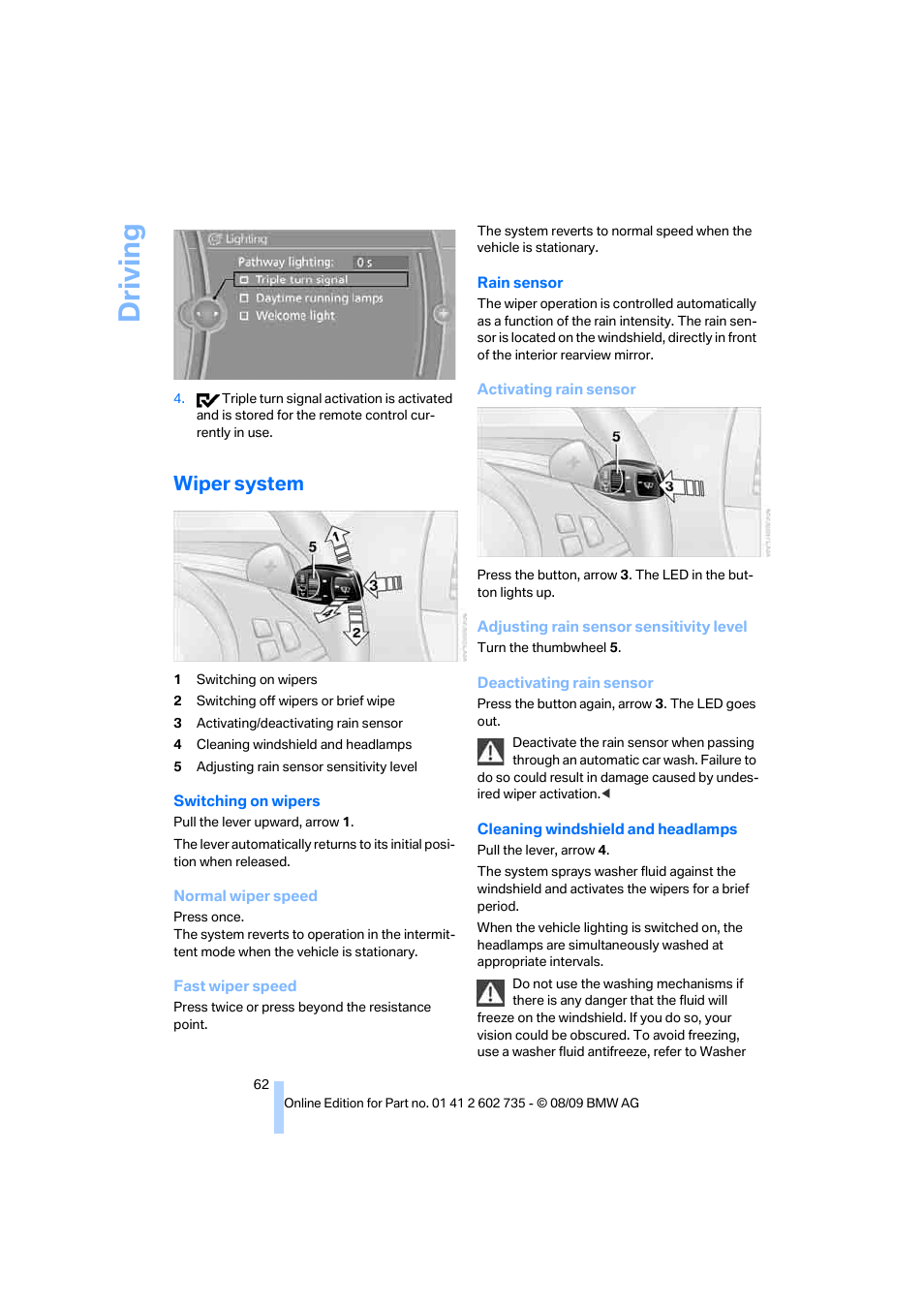 Wiper system, Driving | BMW M6 Convertible 2010 User Manual | Page 64 / 250