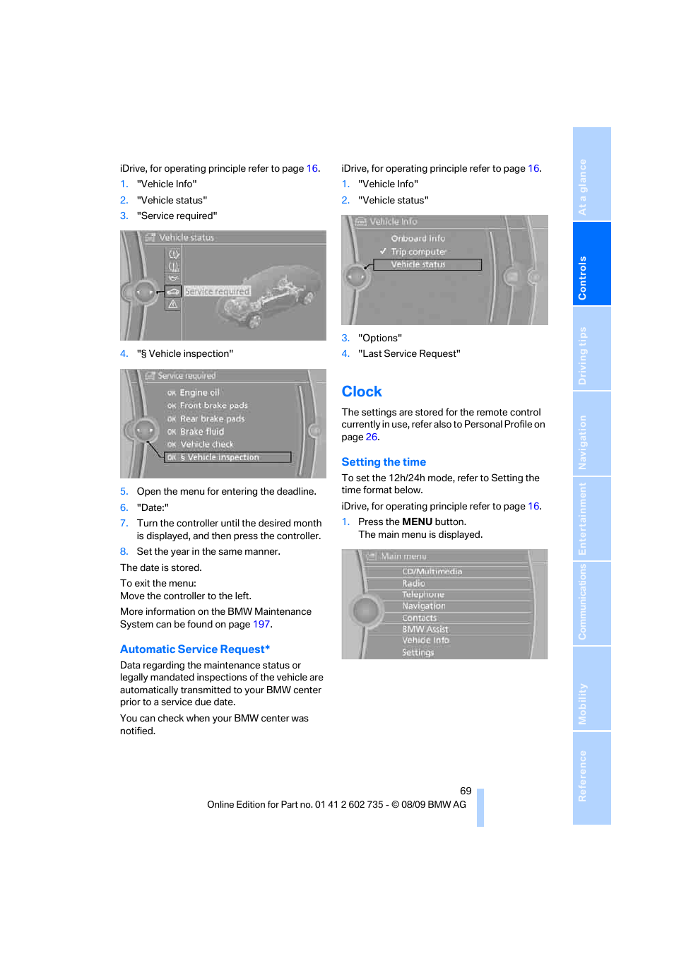 Clock | BMW M6 Convertible 2010 User Manual | Page 71 / 250