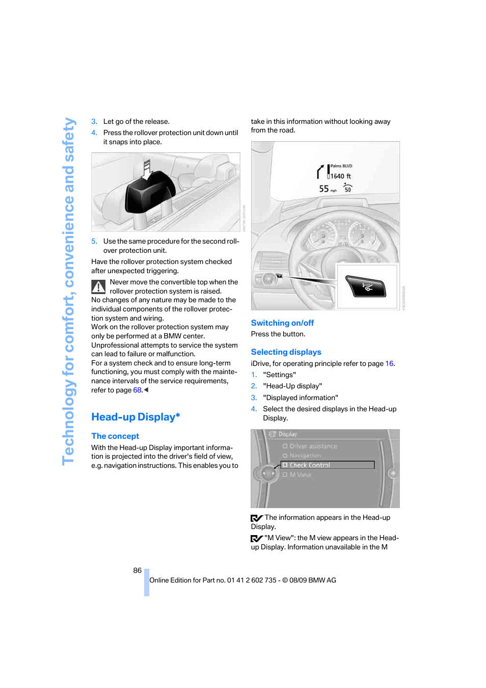 Head-up display | BMW M6 Convertible 2010 User Manual | Page 88 / 250