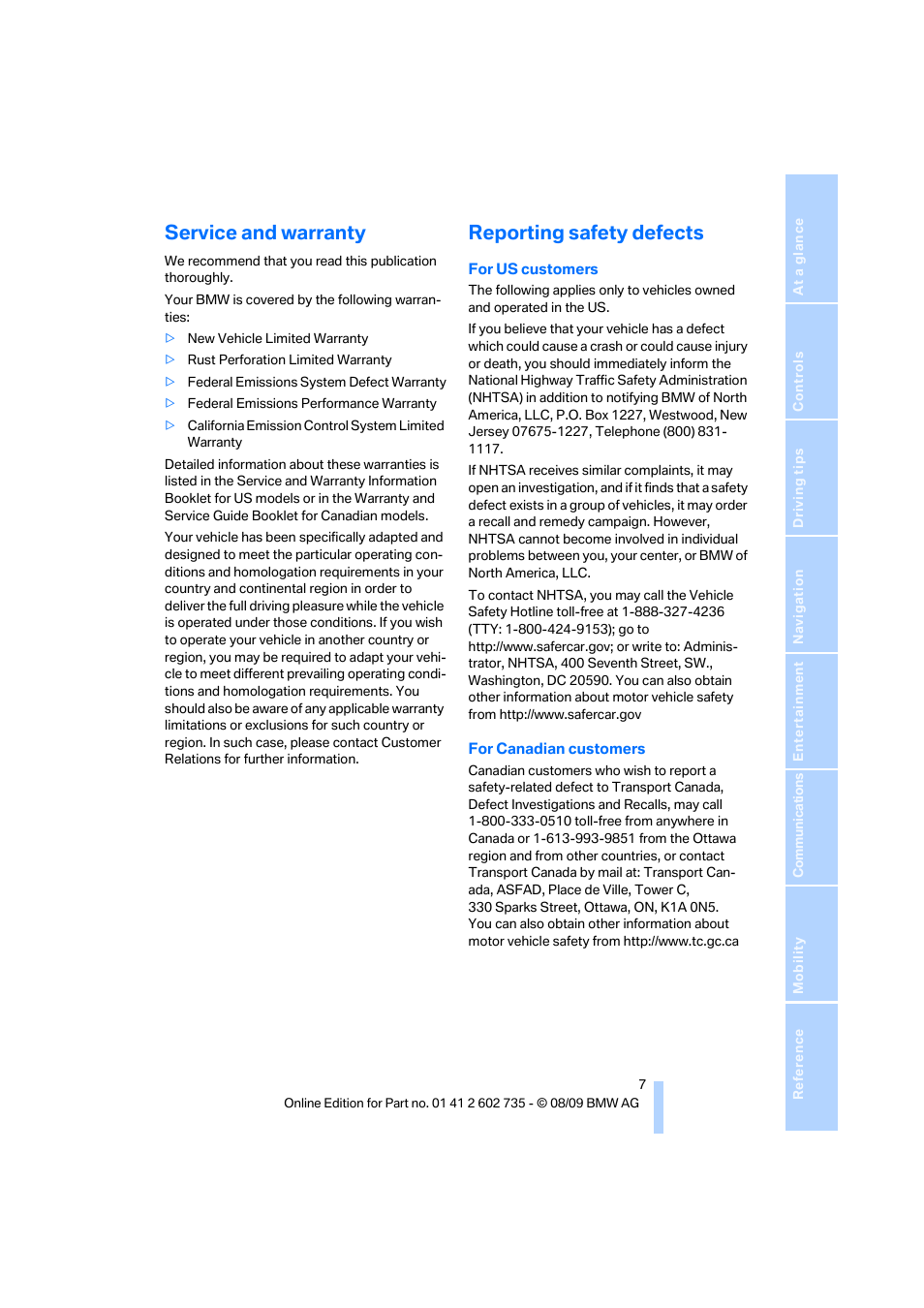 Service and warranty, Reporting safety defects | BMW M6 Convertible 2010 User Manual | Page 9 / 250