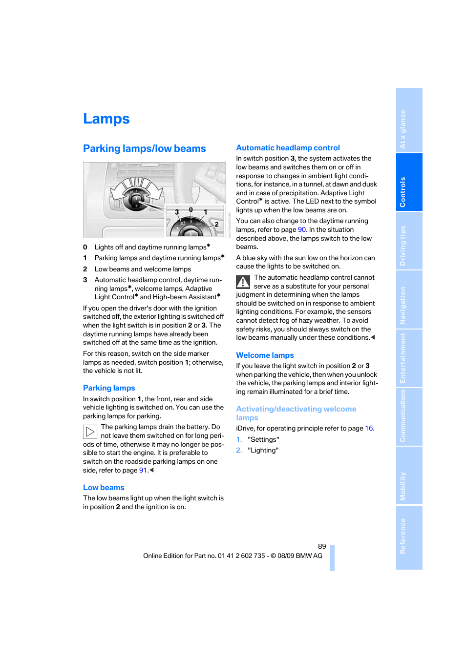 Lamps, Parking lamps/low beams | BMW M6 Convertible 2010 User Manual | Page 91 / 250