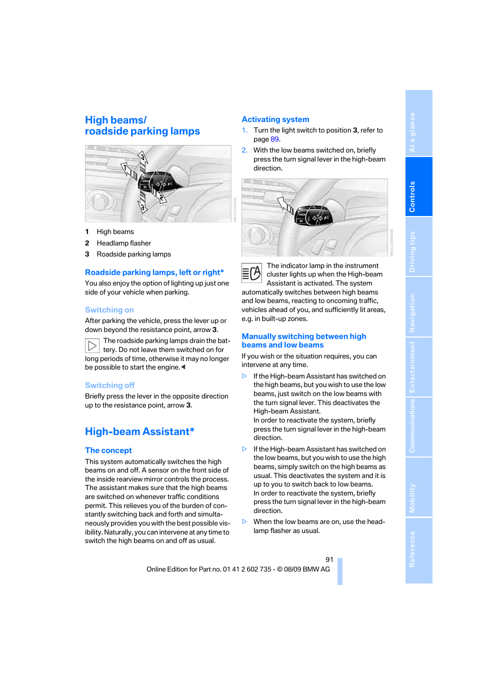 High beams/ roadside parking lamps, High-beam assistant | BMW M6 Convertible 2010 User Manual | Page 93 / 250