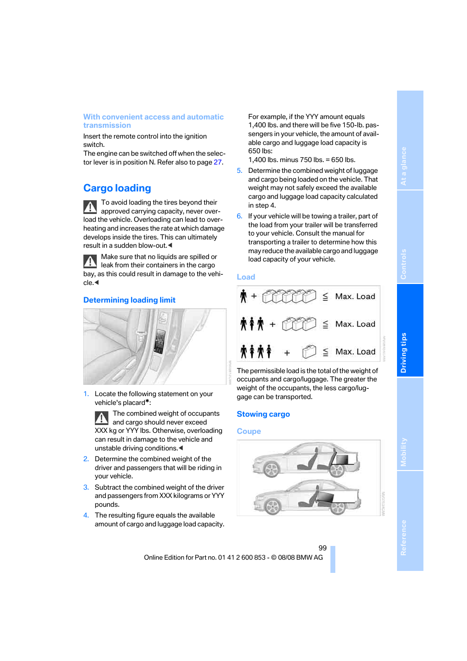 Cargo loading | BMW 135i Convertible 2009 User Manual | Page 101 / 166