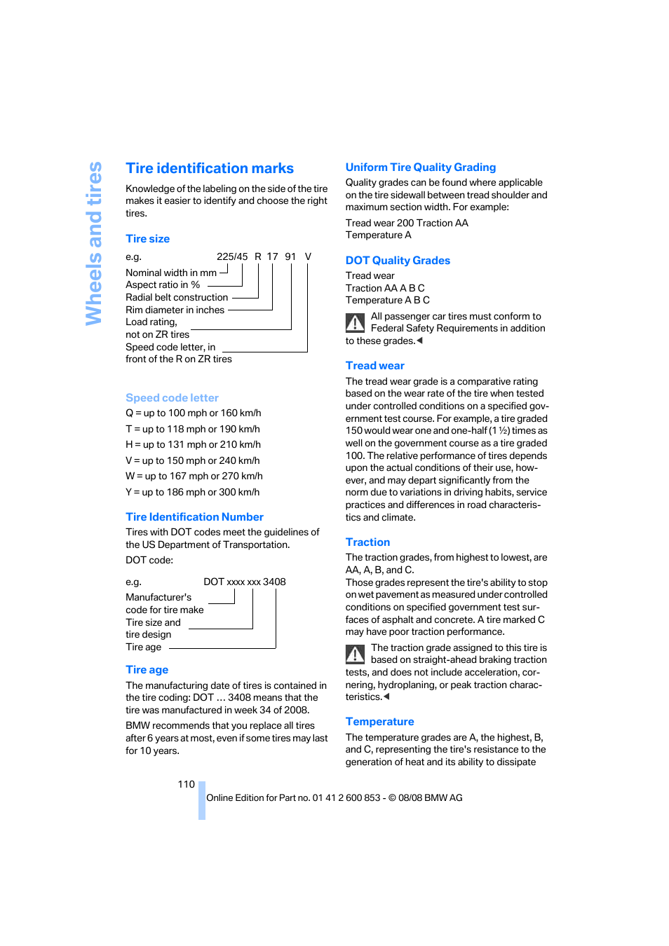 Tire identification marks, Wheels and tires | BMW 135i Convertible 2009 User Manual | Page 112 / 166