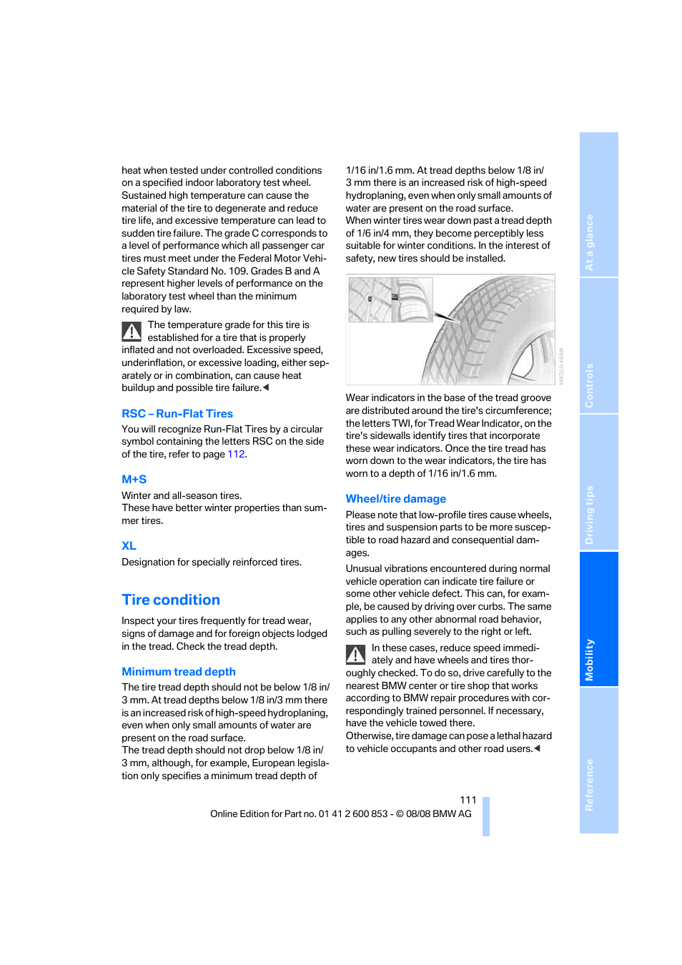 Tire condition | BMW 135i Convertible 2009 User Manual | Page 113 / 166