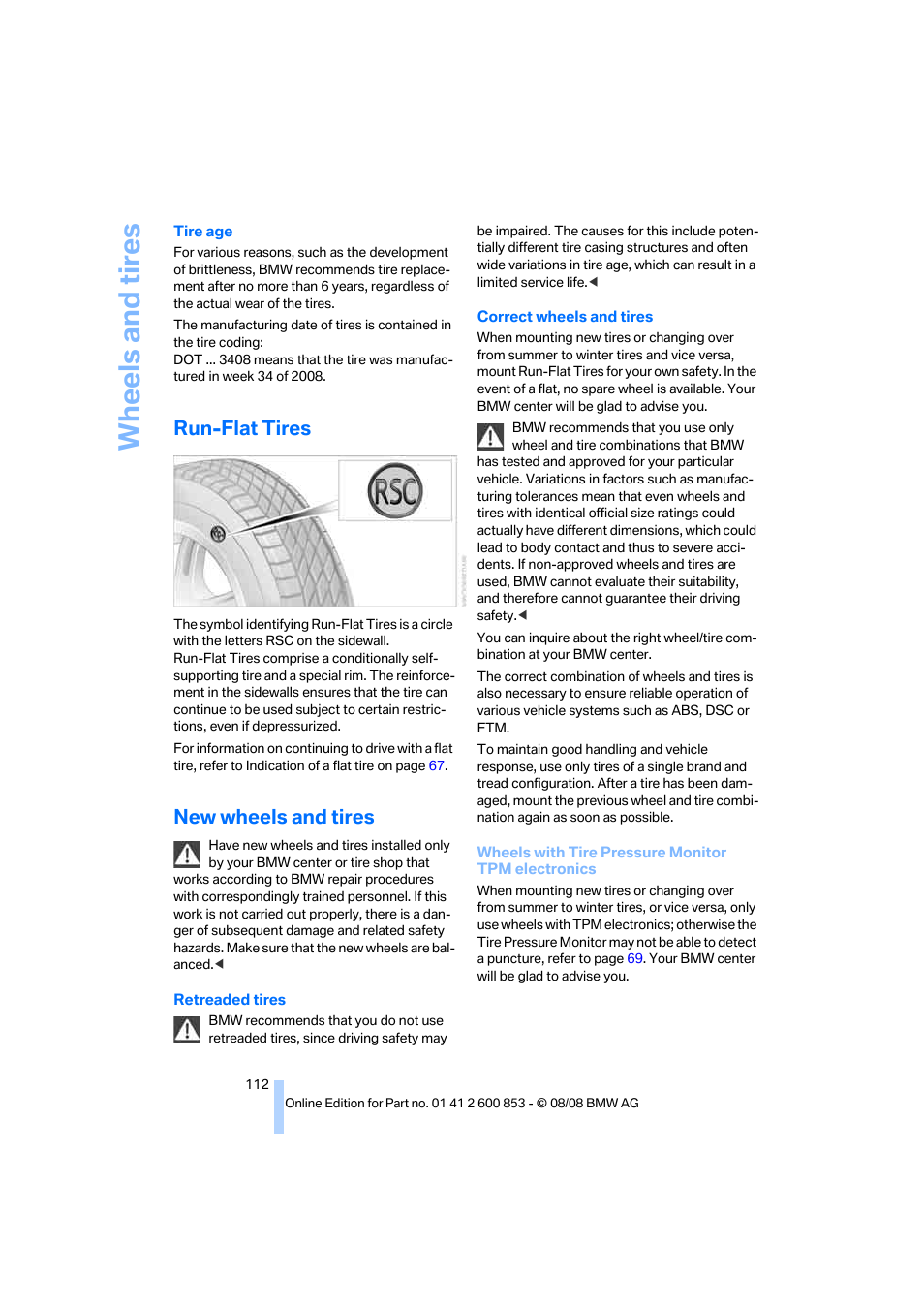 Run-flat tires, New wheels and tires, Wheels and tires | BMW 135i Convertible 2009 User Manual | Page 114 / 166