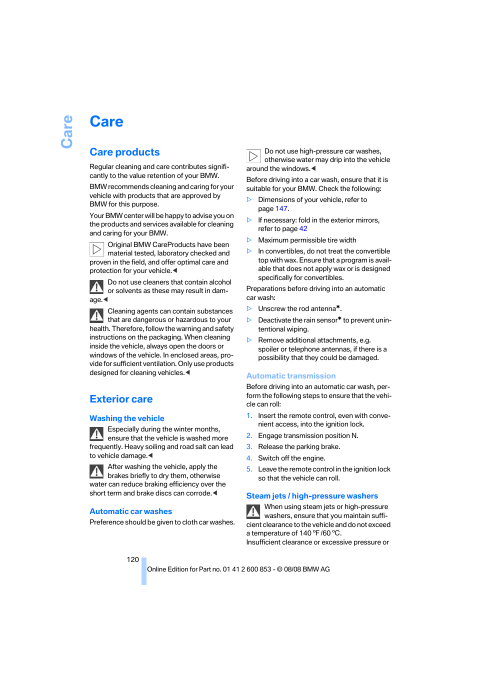 Care, Care products, Exterior care | BMW 135i Convertible 2009 User Manual | Page 122 / 166