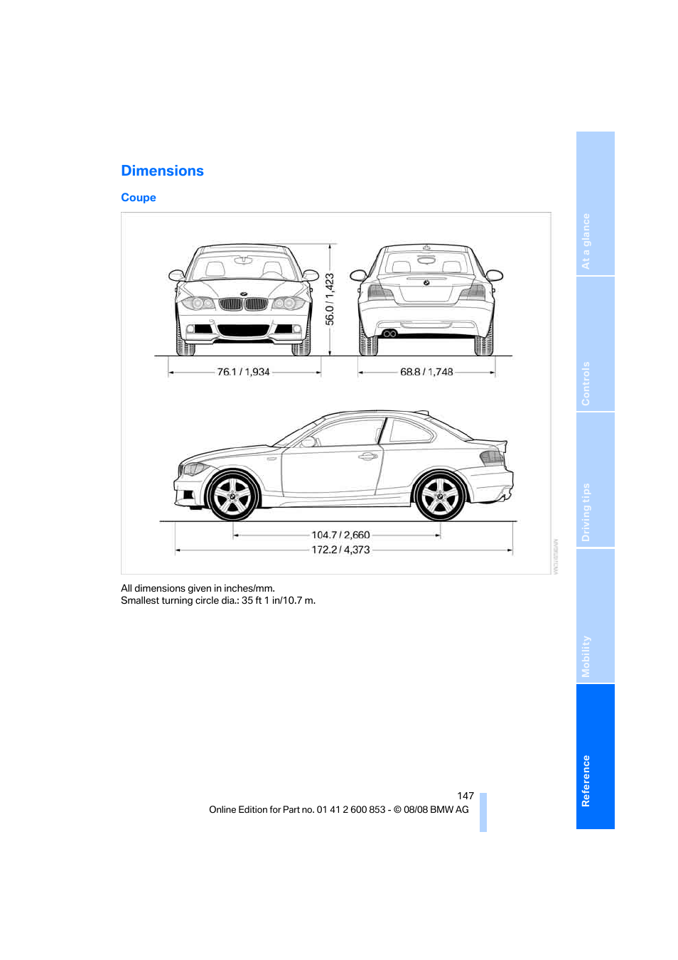 Dimensions | BMW 135i Convertible 2009 User Manual | Page 149 / 166