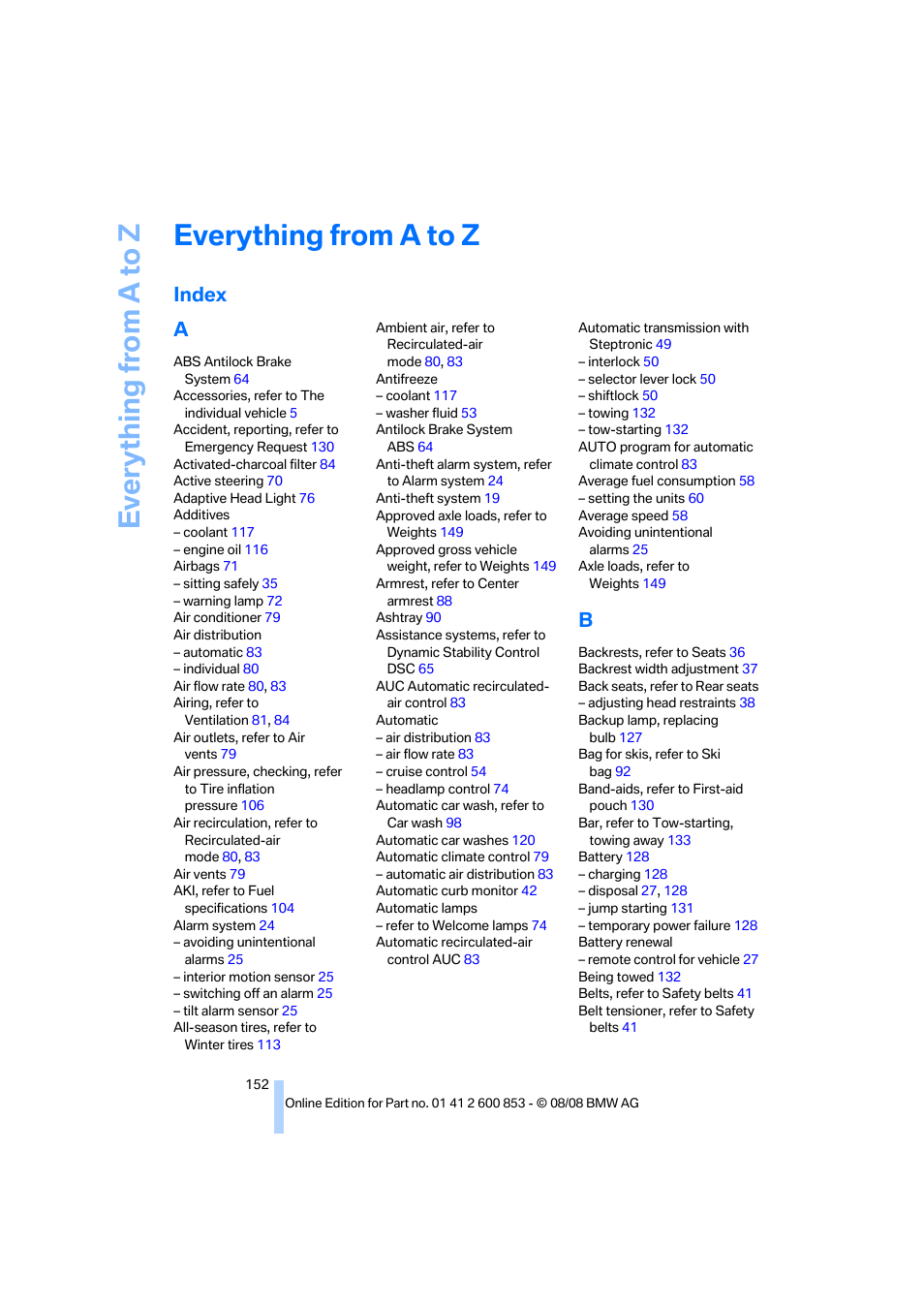 Everything from a to z, Index, Index a | BMW 135i Convertible 2009 User Manual | Page 154 / 166