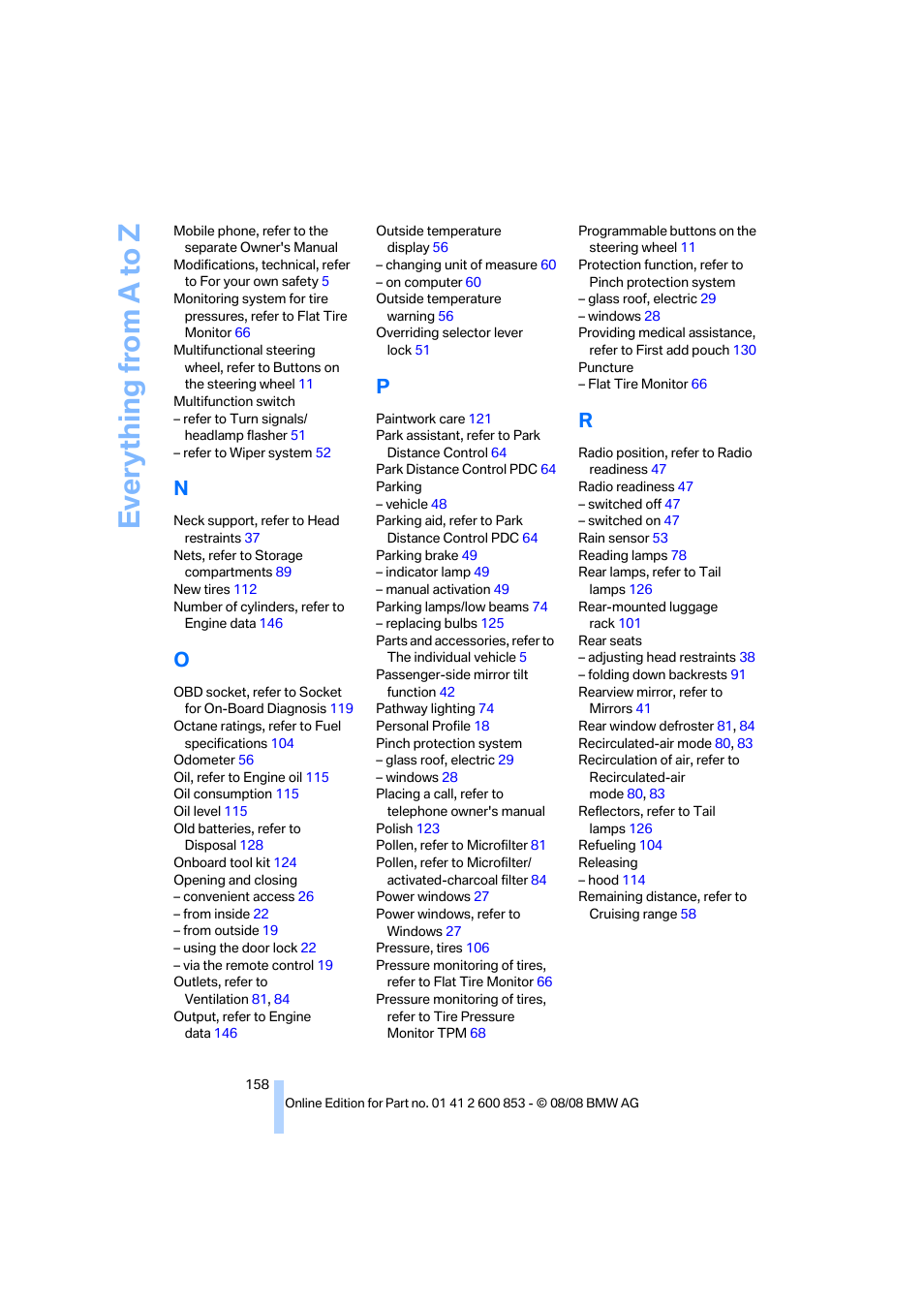 Everything from a to z | BMW 135i Convertible 2009 User Manual | Page 160 / 166