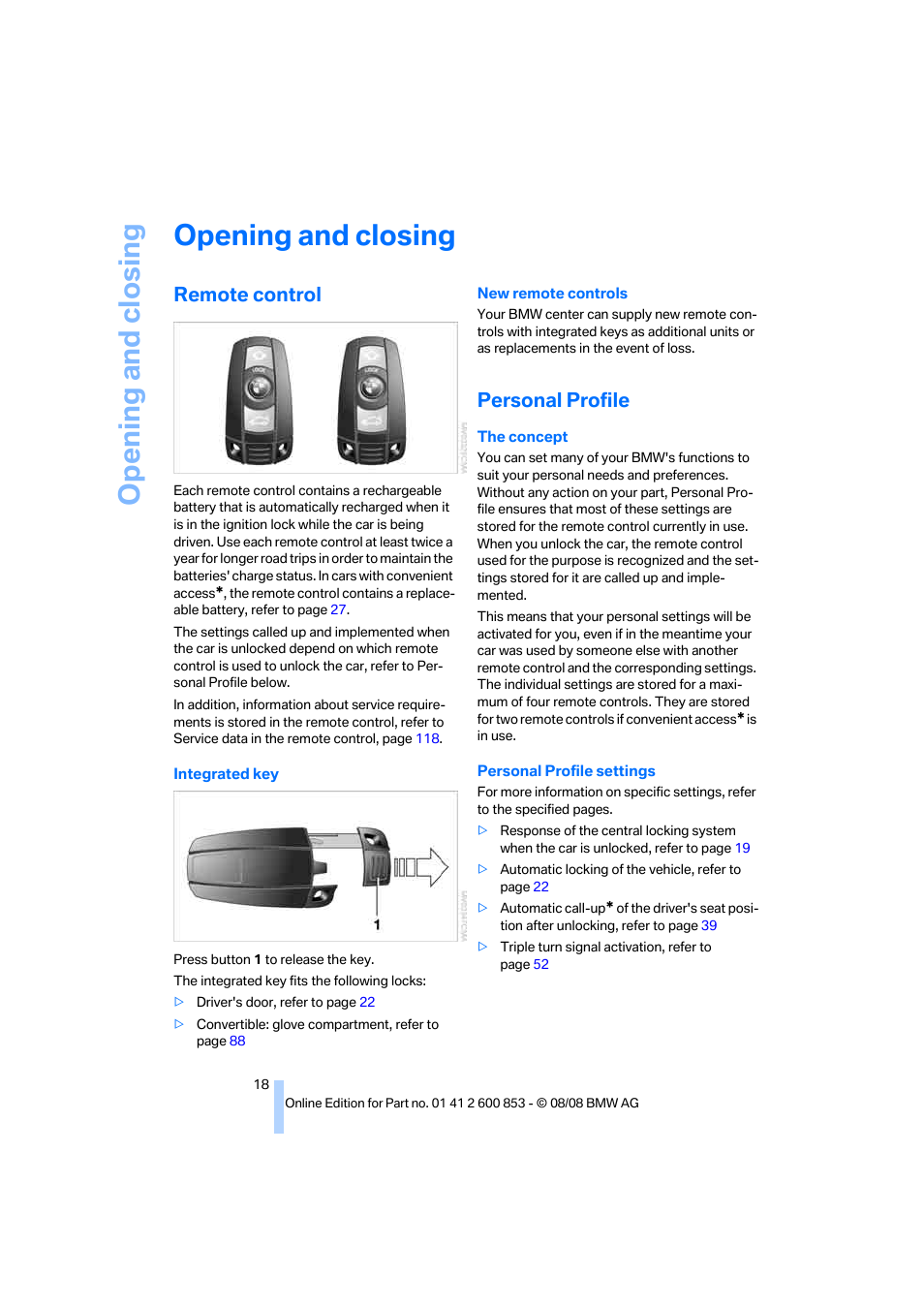 Opening and closing, Remote control, Personal profile | Controls | BMW 135i Convertible 2009 User Manual | Page 20 / 166