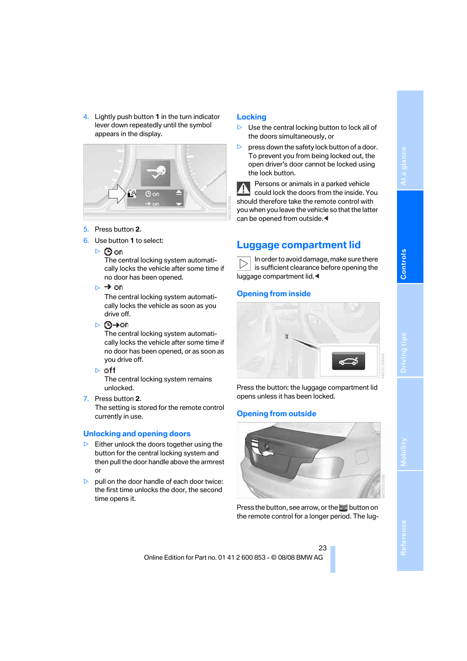 Luggage compartment lid, Ent lid | BMW 135i Convertible 2009 User Manual | Page 25 / 166