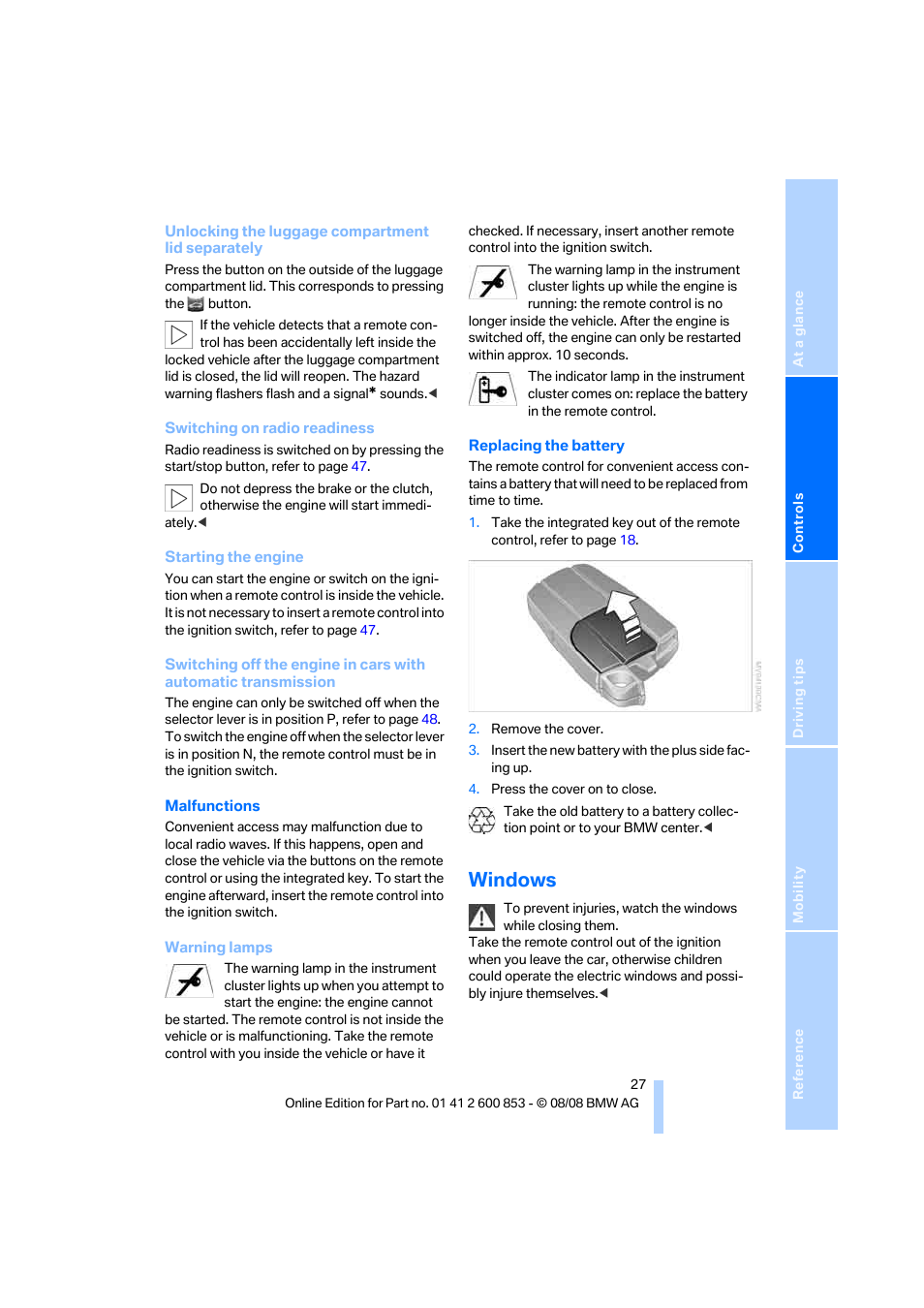 Windows | BMW 135i Convertible 2009 User Manual | Page 29 / 166