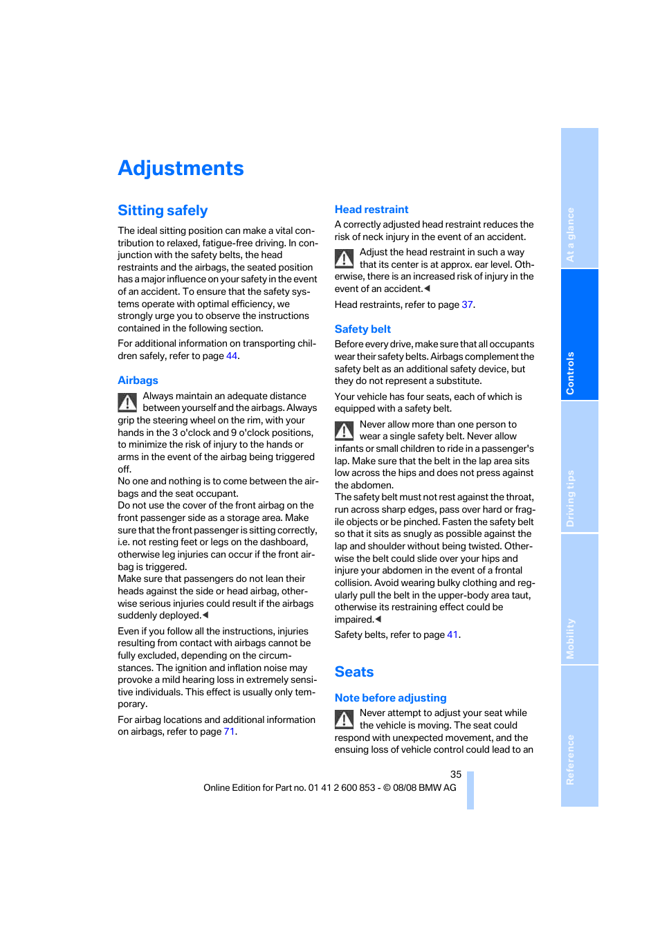 Adjustments, Sitting safely, Seats | BMW 135i Convertible 2009 User Manual | Page 37 / 166