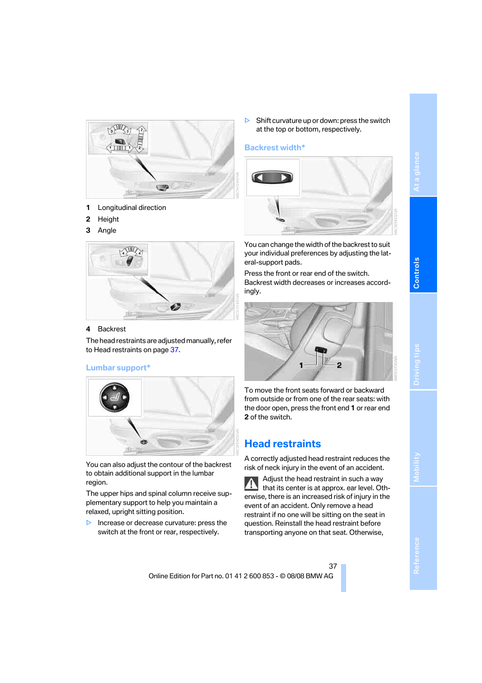 Head restraints | BMW 135i Convertible 2009 User Manual | Page 39 / 166