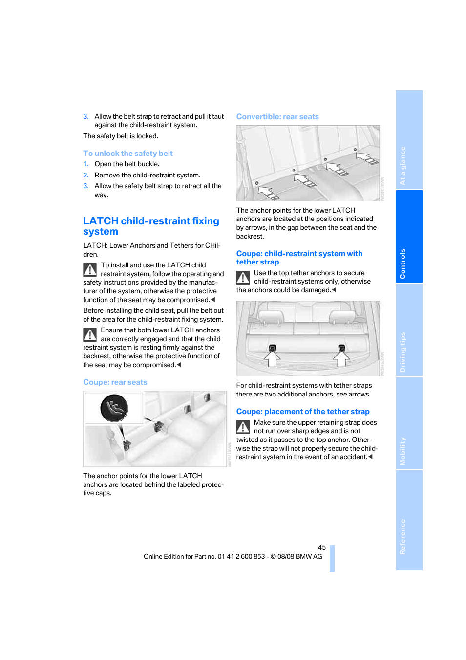 Latch child-restraint fixing system | BMW 135i Convertible 2009 User Manual | Page 47 / 166