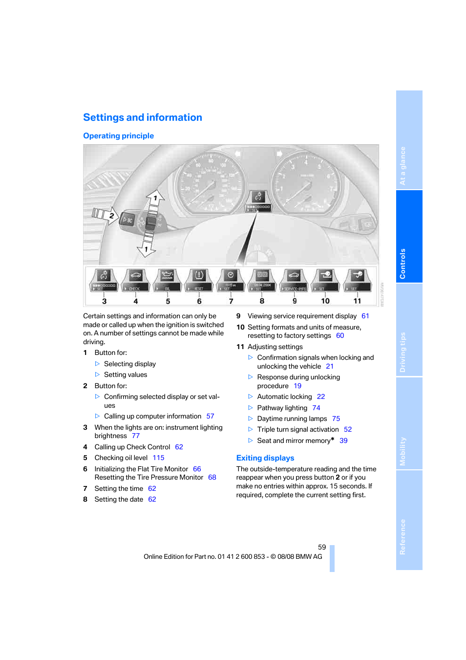 Settings and information, Vehicle | BMW 135i Convertible 2009 User Manual | Page 61 / 166