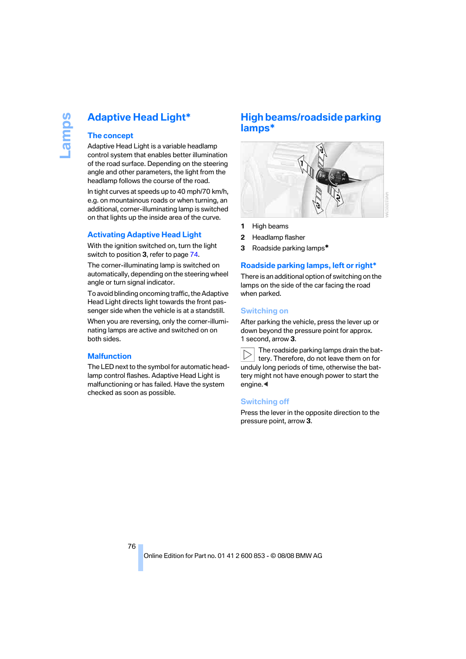 Adaptive head light, High beams/roadside parking lamps, La mps | BMW 135i Convertible 2009 User Manual | Page 78 / 166