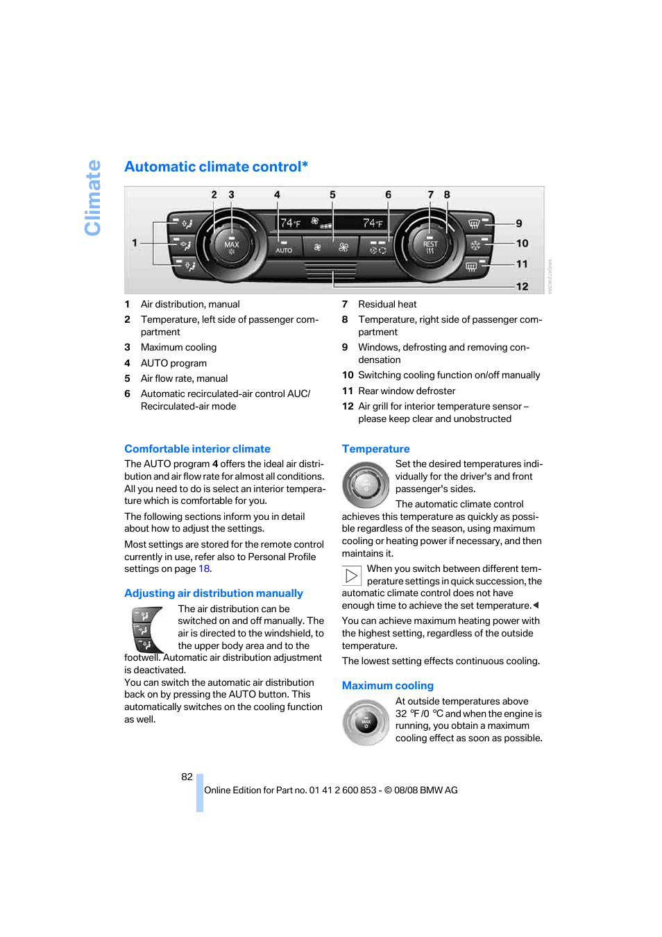 Automatic climate control, Climate | BMW 135i Convertible 2009 User Manual | Page 84 / 166