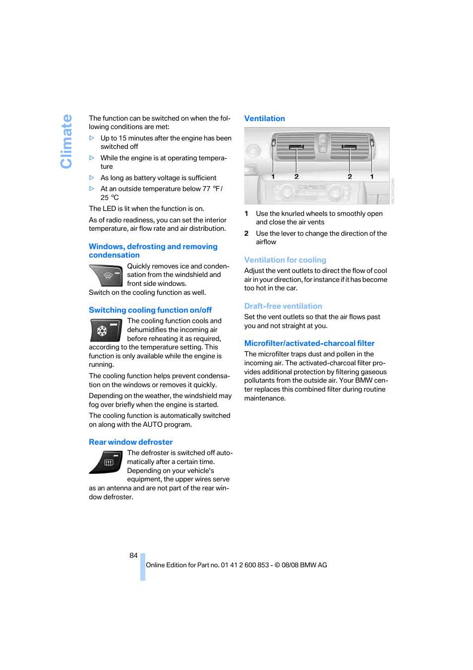 Climate | BMW 135i Convertible 2009 User Manual | Page 86 / 166