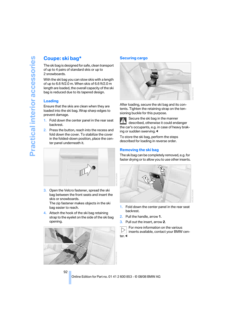 Coupe: ski bag, Practical interior accessories | BMW 135i Convertible 2009 User Manual | Page 94 / 166