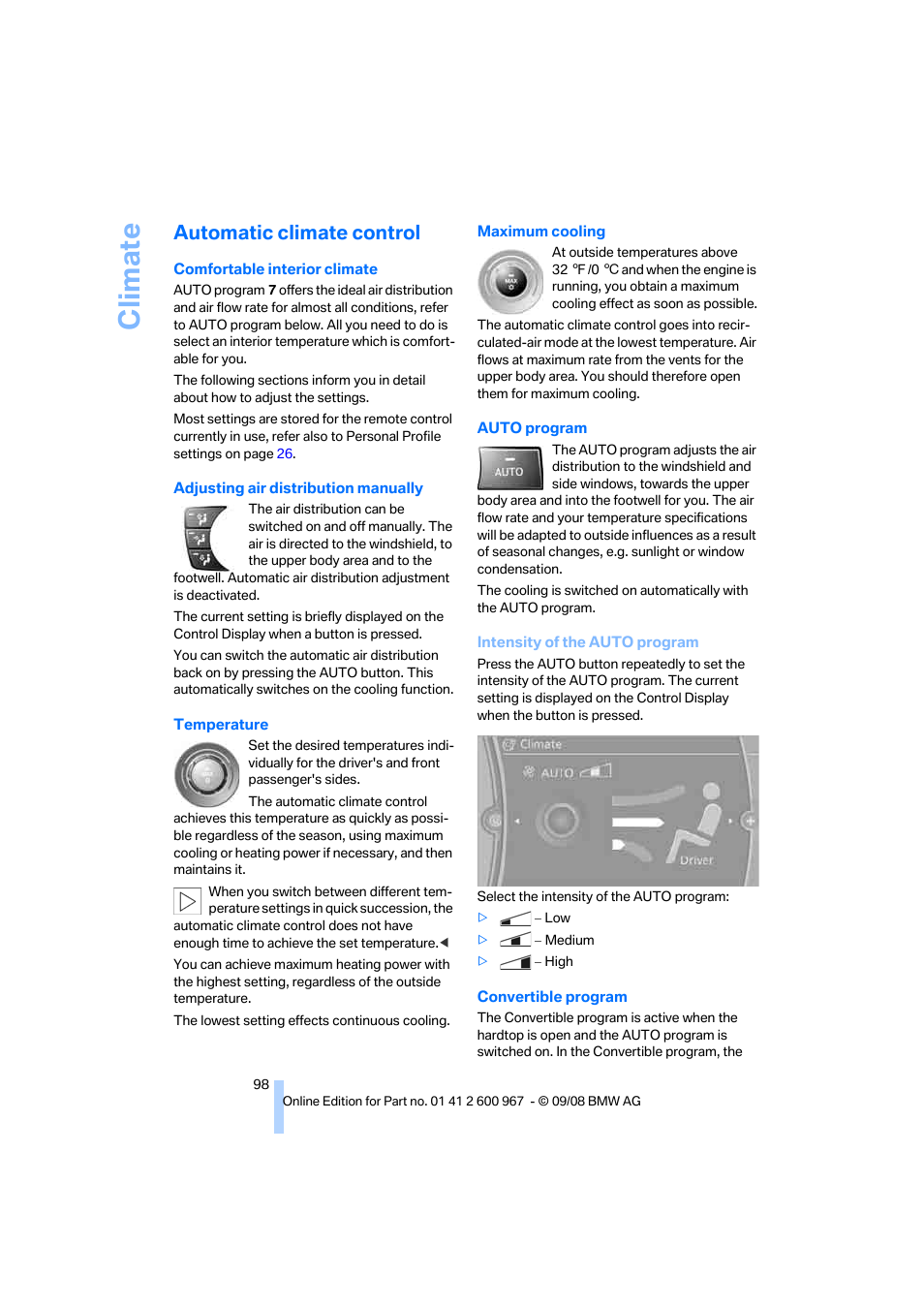 Automatic climate control, Windshield, Distribution to the footwell | Climate | BMW 335i Convertible 2009 User Manual | Page 100 / 260