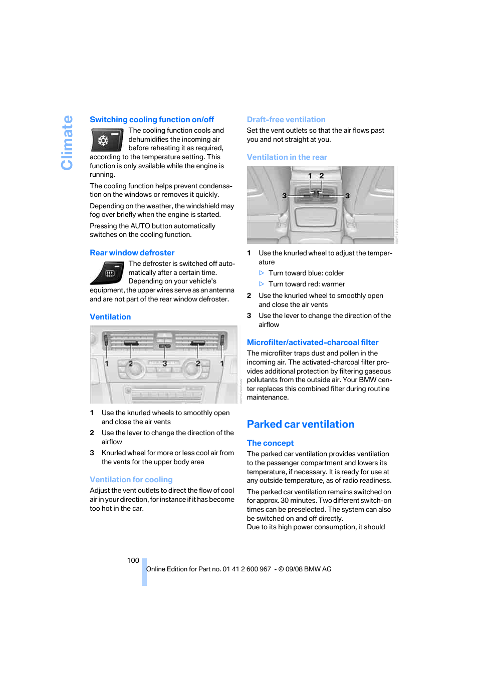 Parked car ventilation, Ling function, Climate | BMW 335i Convertible 2009 User Manual | Page 102 / 260