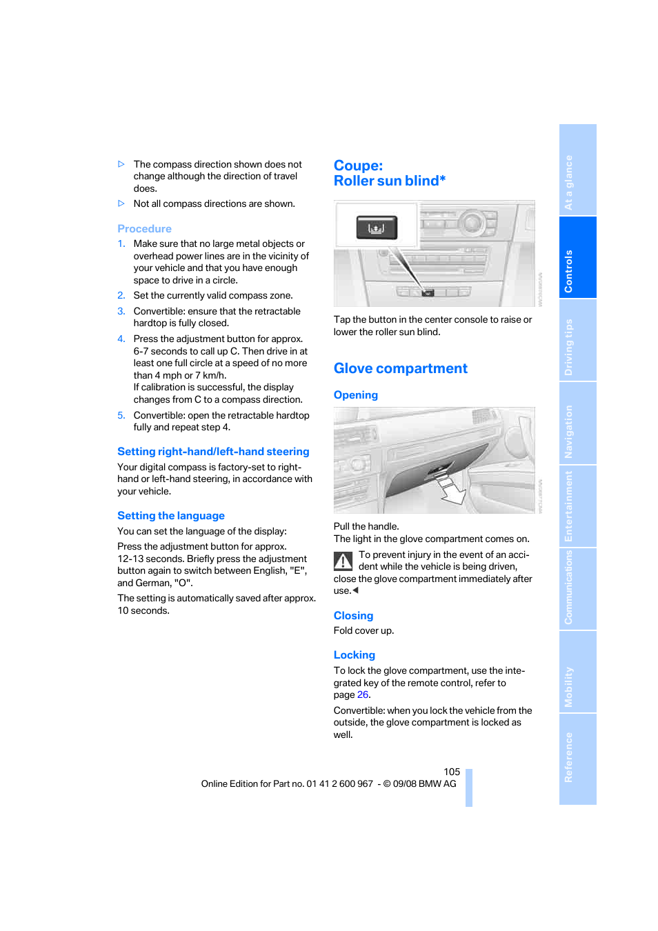Coupe: roller sun blind, Glove compartment | BMW 335i Convertible 2009 User Manual | Page 107 / 260