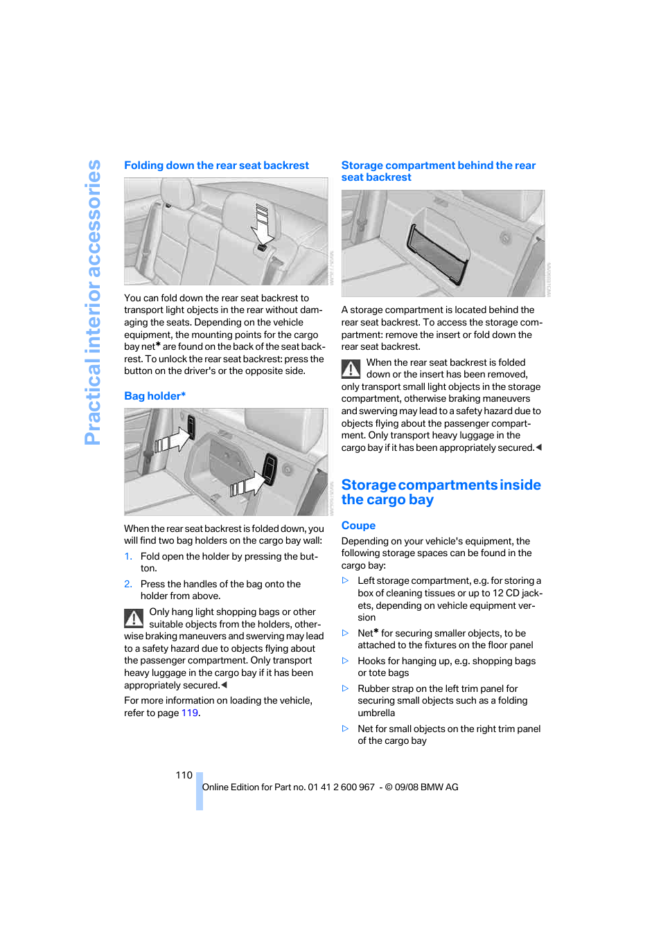 Storage compartments inside the cargo bay, Practical interior accessories | BMW 335i Convertible 2009 User Manual | Page 112 / 260