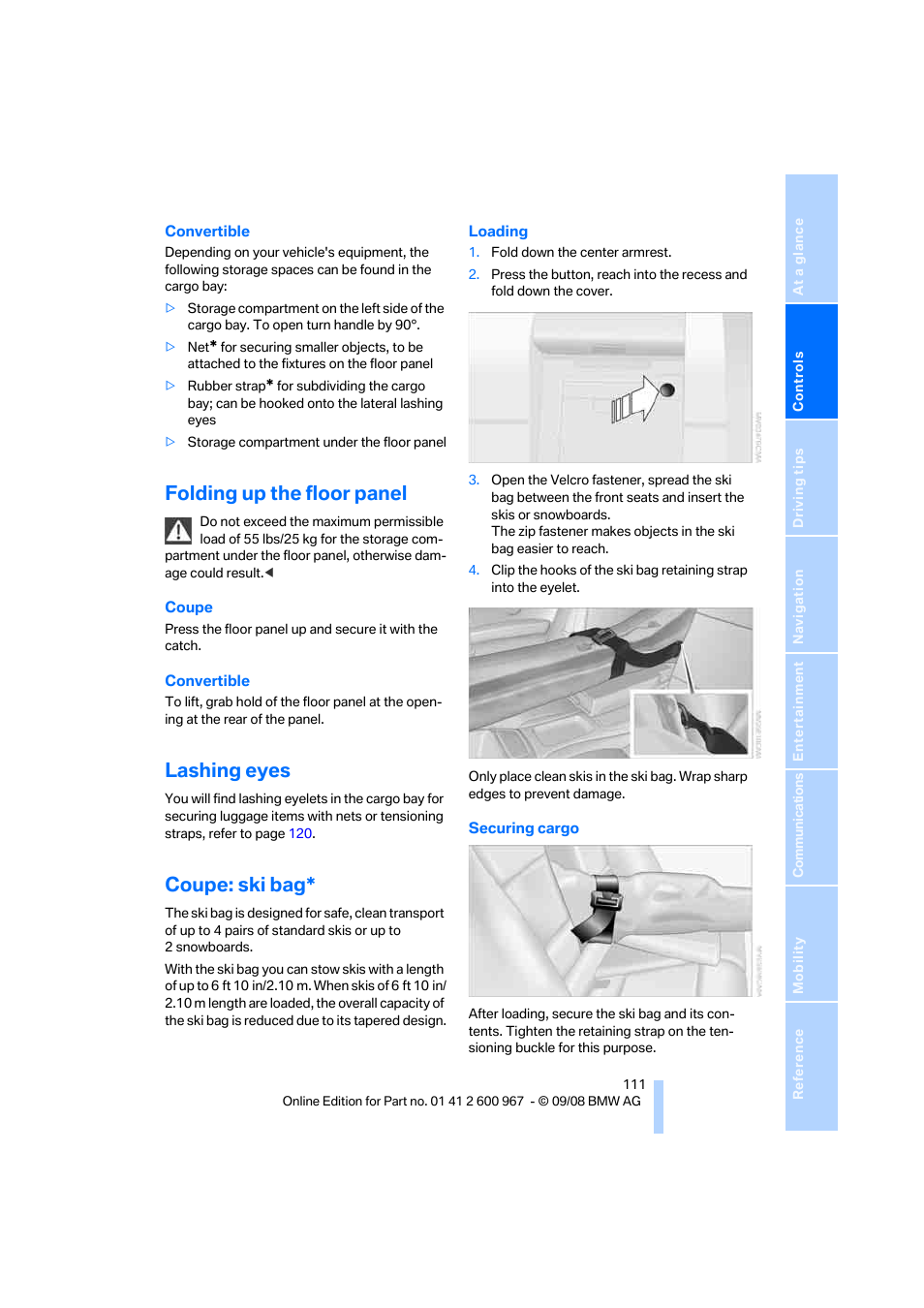 Folding up the floor panel, Lashing eyes, Coupe: ski bag | BMW 335i Convertible 2009 User Manual | Page 113 / 260