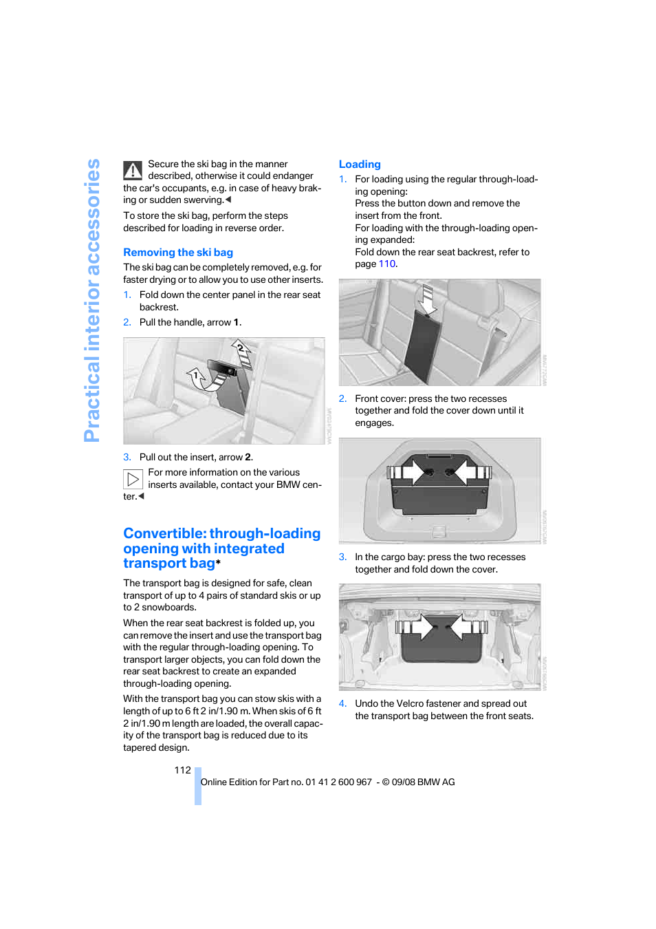 Practical interior accessories | BMW 335i Convertible 2009 User Manual | Page 114 / 260