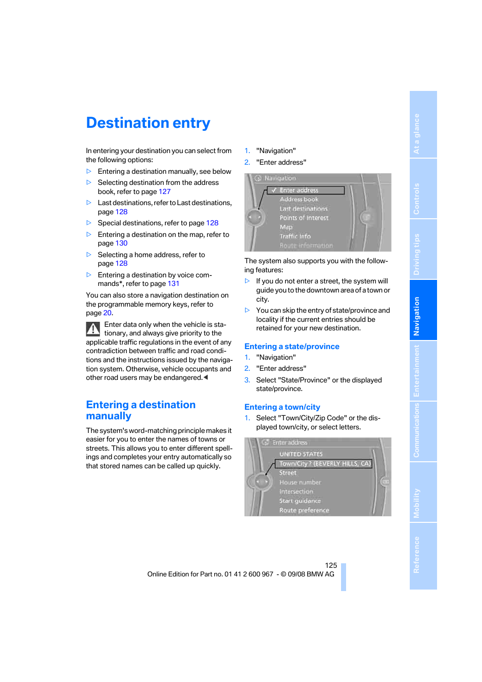 Destination entry, Entering a destination manually | BMW 335i Convertible 2009 User Manual | Page 127 / 260