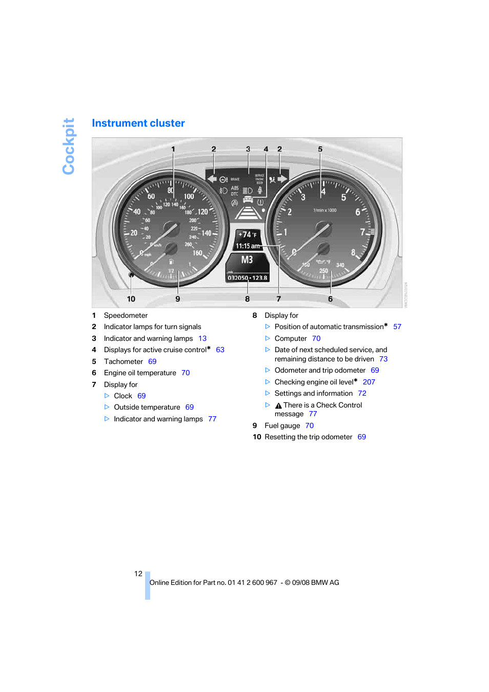 Instrument cluster, Cockpit | BMW 335i Convertible 2009 User Manual | Page 14 / 260