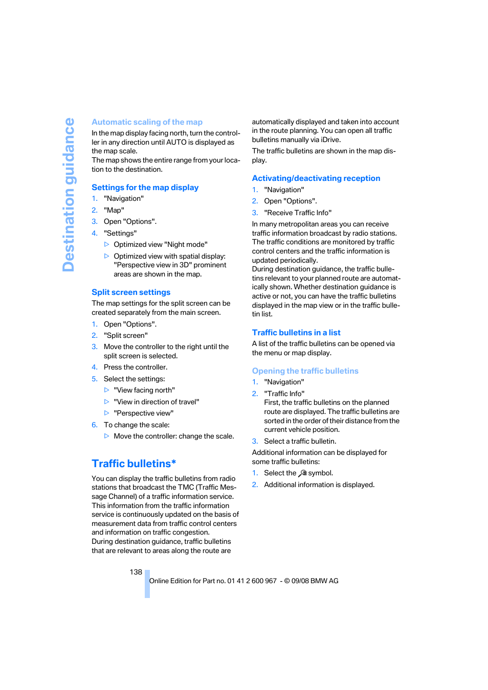 Traffic bulletins, Destination guidance | BMW 335i Convertible 2009 User Manual | Page 140 / 260