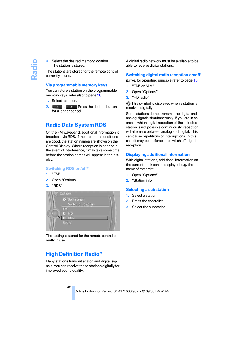 Radio data system rds, High definition radio, Radi o | BMW 335i Convertible 2009 User Manual | Page 150 / 260