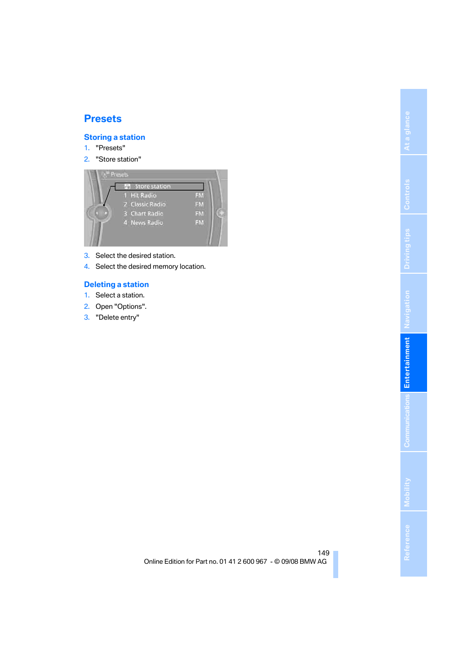 Presets | BMW 335i Convertible 2009 User Manual | Page 151 / 260