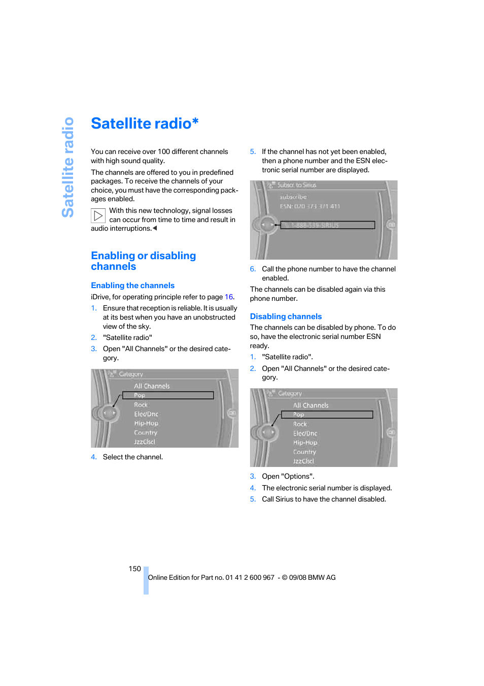 Satellite radio, Enabling or disabling channels | BMW 335i Convertible 2009 User Manual | Page 152 / 260