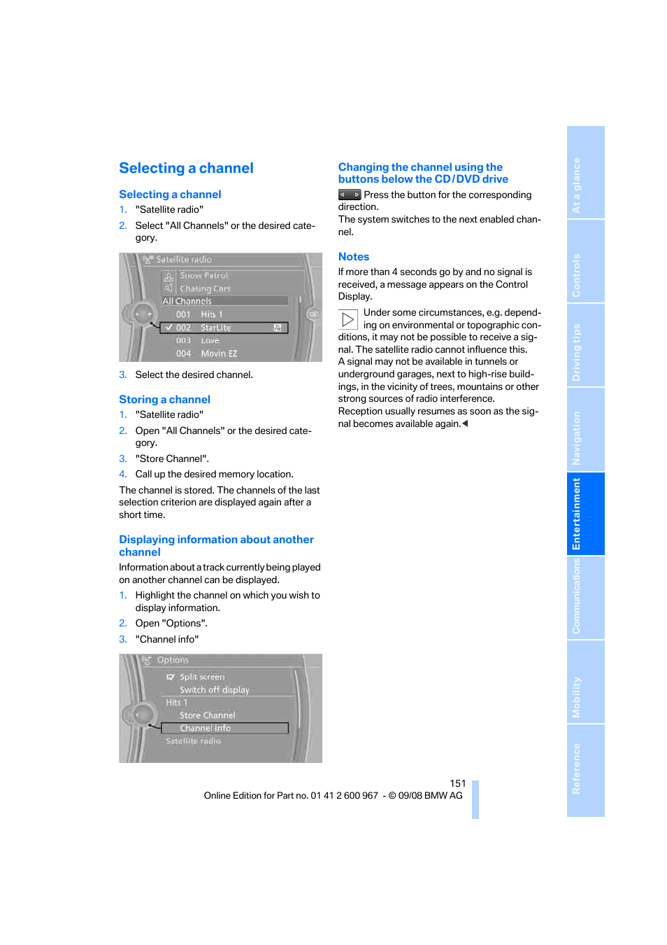 Selecting a channel | BMW 335i Convertible 2009 User Manual | Page 153 / 260