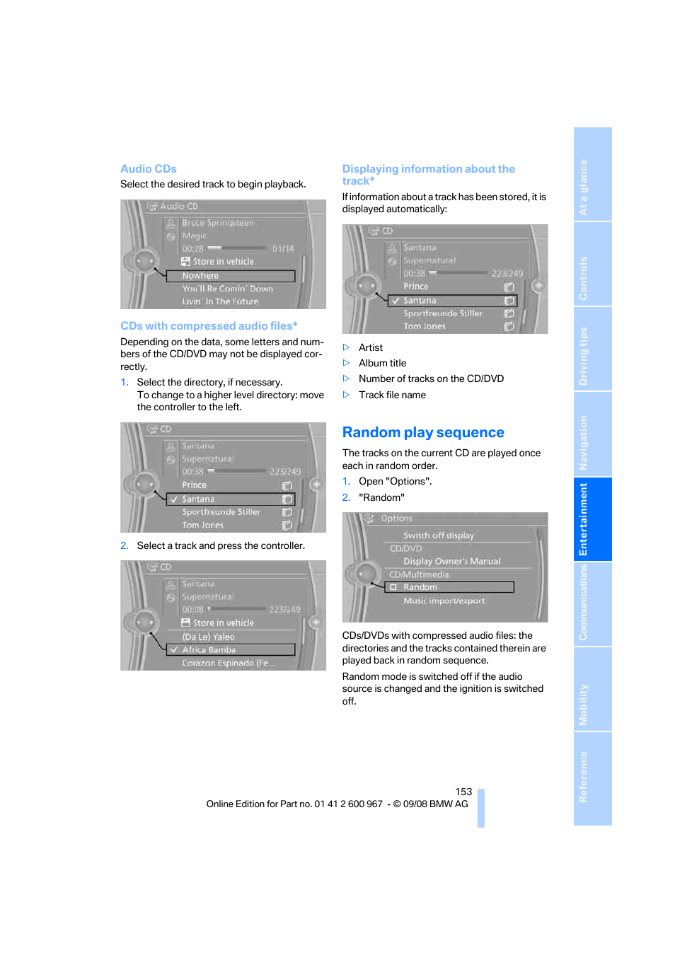 Random play sequence | BMW 335i Convertible 2009 User Manual | Page 155 / 260